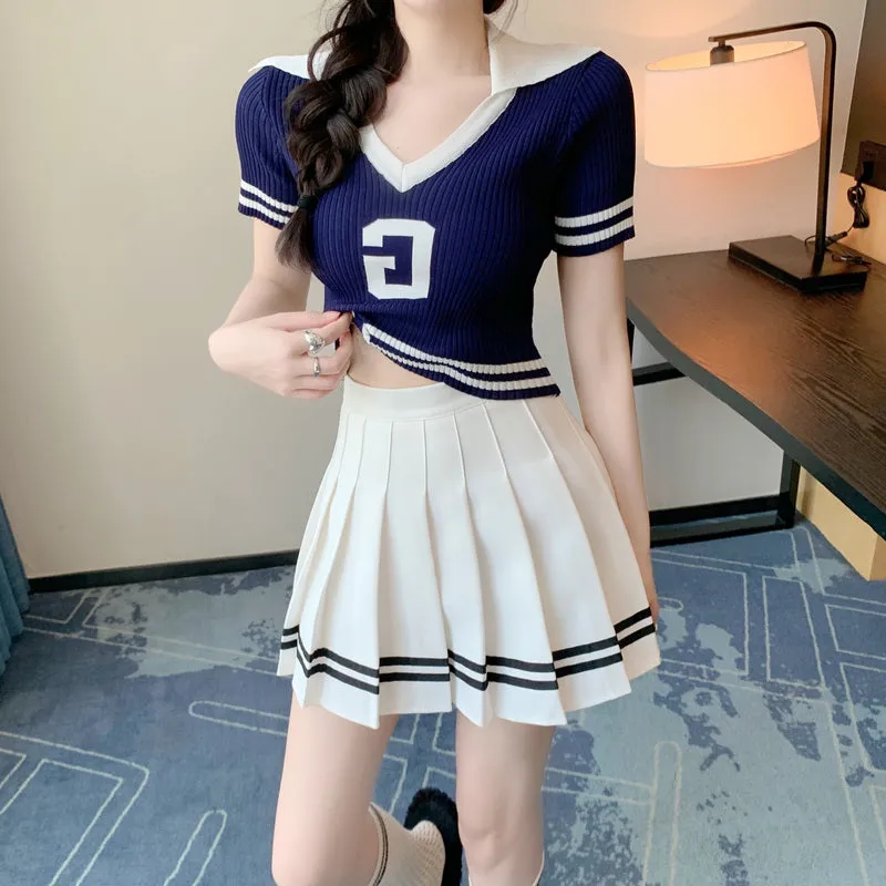 V-Neck Short-Sleeved Knitted Top Pleated Skirt Set