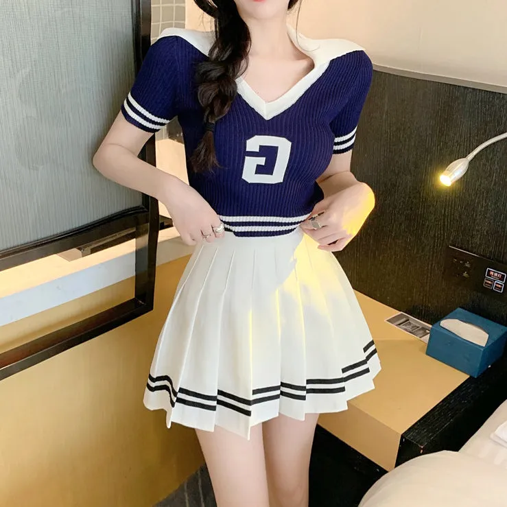 V-Neck Short-Sleeved Knitted Top Pleated Skirt Set