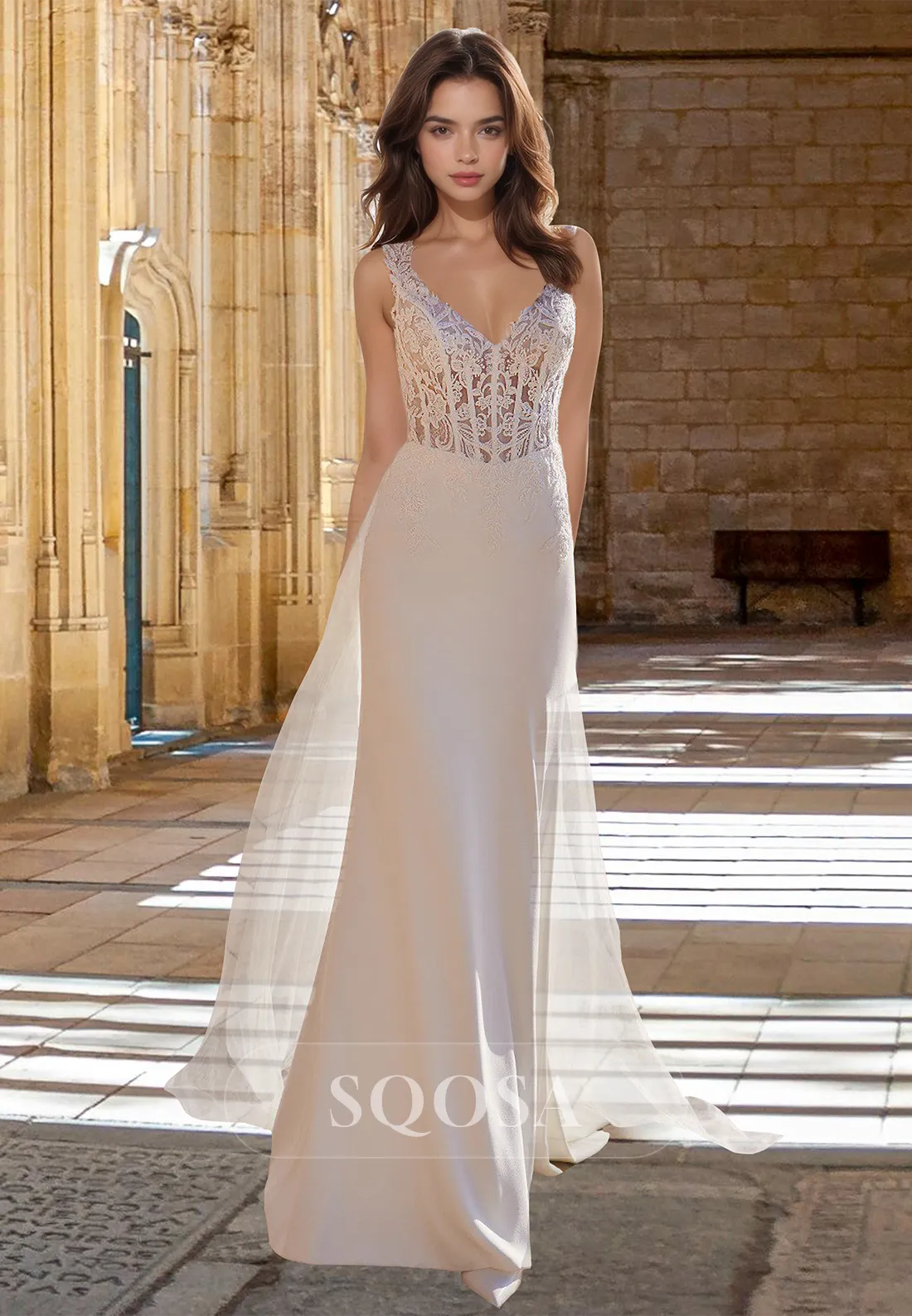 V-Neck Straps Sleeveless Satin Bride Gowns Lace Applique Mermaid Wedding Dress with Tulle Overskirt