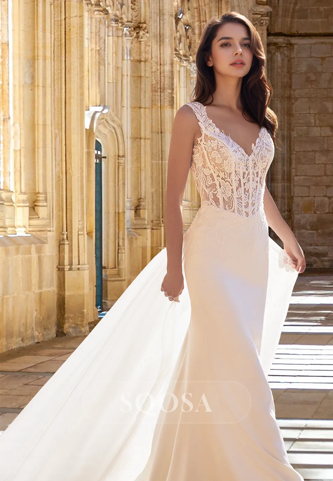 V-Neck Straps Sleeveless Satin Bride Gowns Lace Applique Mermaid Wedding Dress with Tulle Overskirt