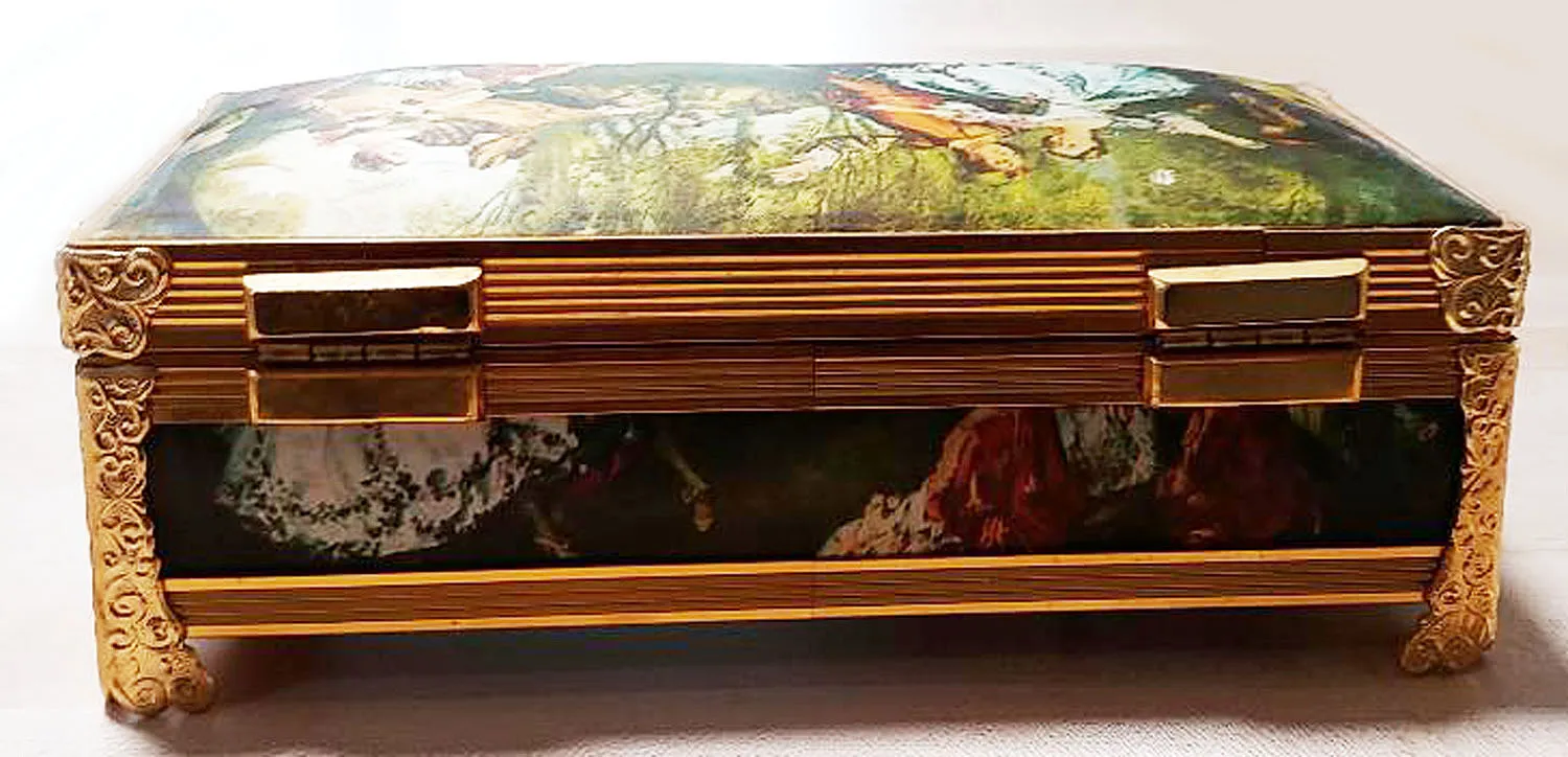VINTAGE SCHMIDT SILK SATIN COVER METAL MUSIC BOX PLAYS "ROMERO & JULIET" SONG