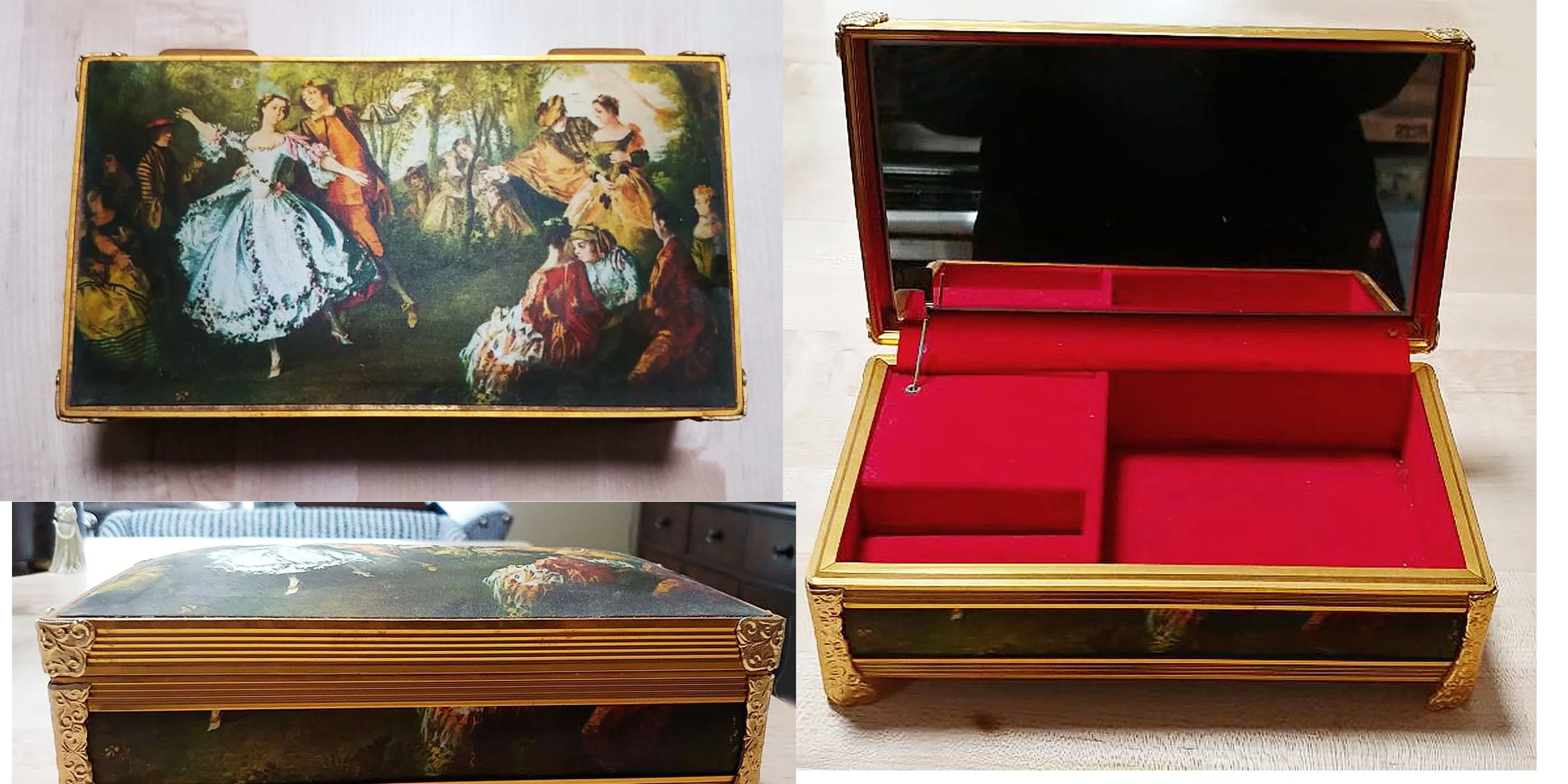 VINTAGE SCHMIDT SILK SATIN COVER METAL MUSIC BOX PLAYS "ROMERO & JULIET" SONG