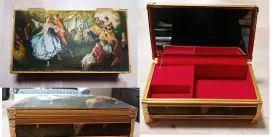 VINTAGE SCHMIDT SILK SATIN COVER METAL MUSIC BOX PLAYS "ROMERO & JULIET" SONG