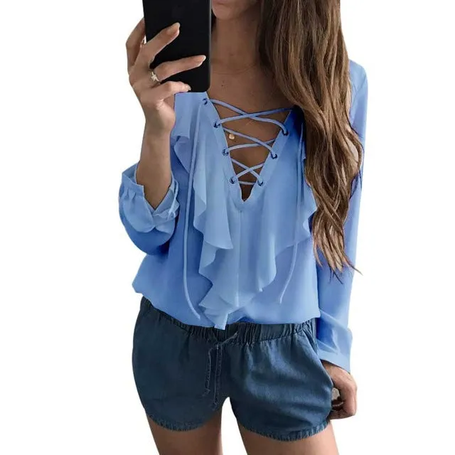 Women Sexy Chiffon Blouse V Neck