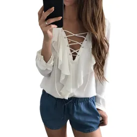 Women Sexy Chiffon Blouse V Neck