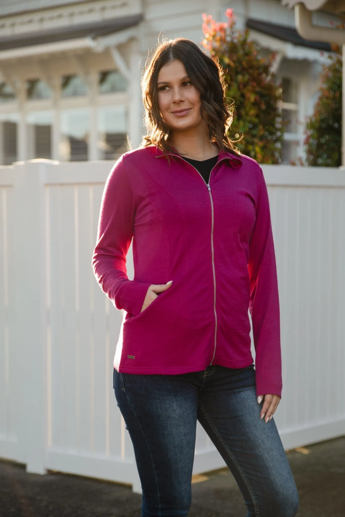 WOMENS MERINO JACKET 100% WOOLLEN CURVED PANELS LONG SLEEVES RASPBERRY