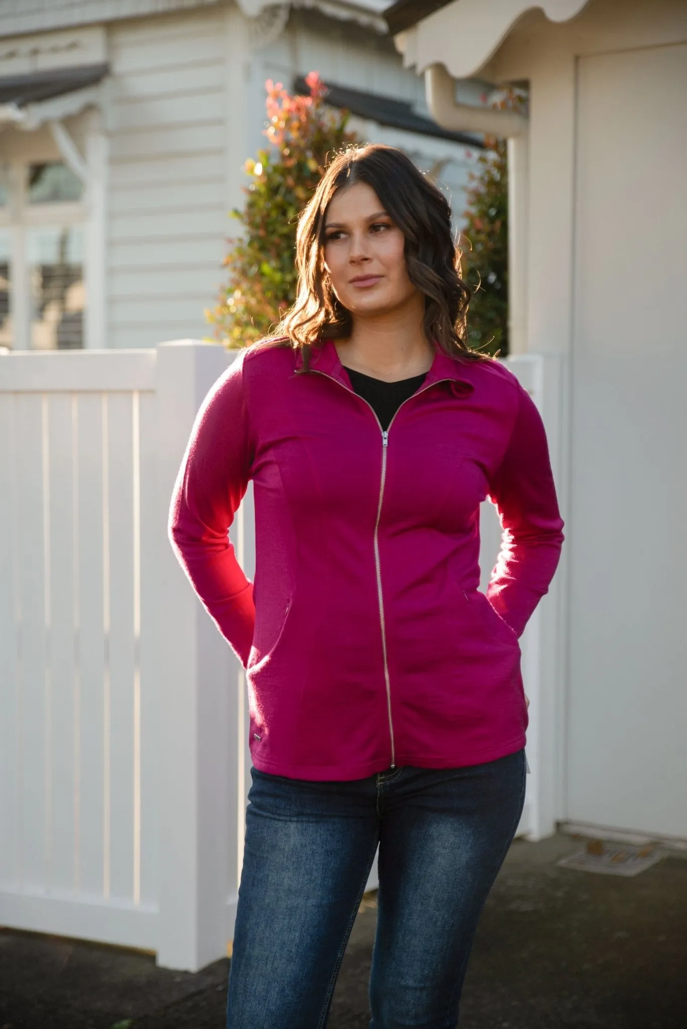WOMENS MERINO JACKET 100% WOOLLEN CURVED PANELS LONG SLEEVES RASPBERRY