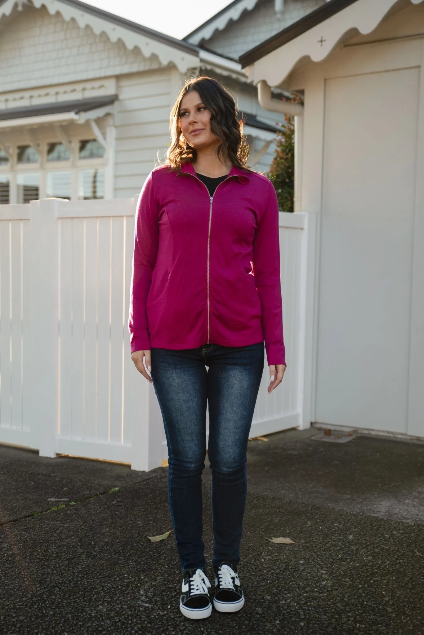 WOMENS MERINO JACKET 100% WOOLLEN CURVED PANELS LONG SLEEVES RASPBERRY