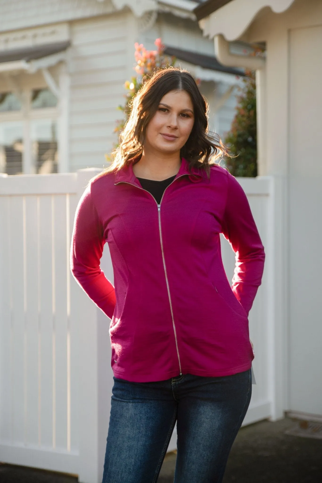 WOMENS MERINO JACKET 100% WOOLLEN CURVED PANELS LONG SLEEVES RASPBERRY
