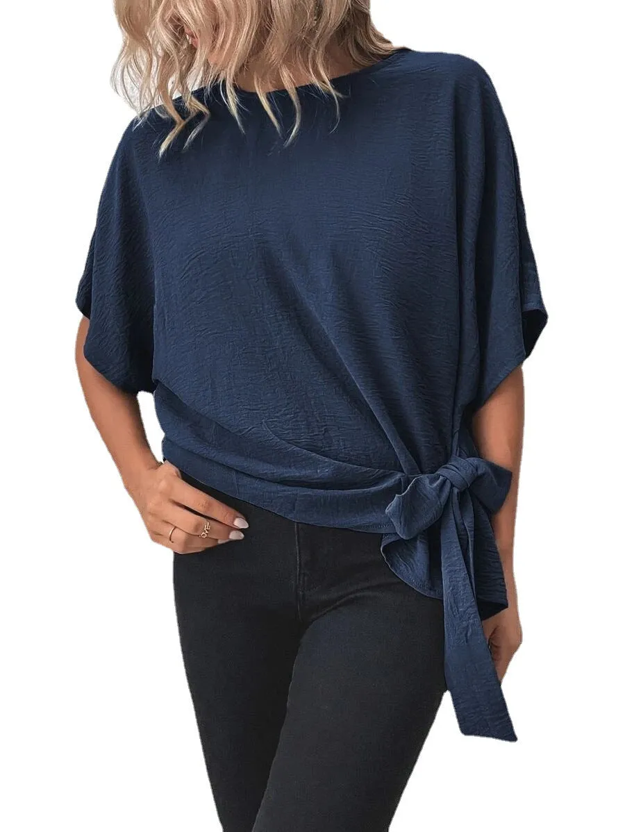 Women's Summer Solid Color Batwing Sleeve Knotted Blouses