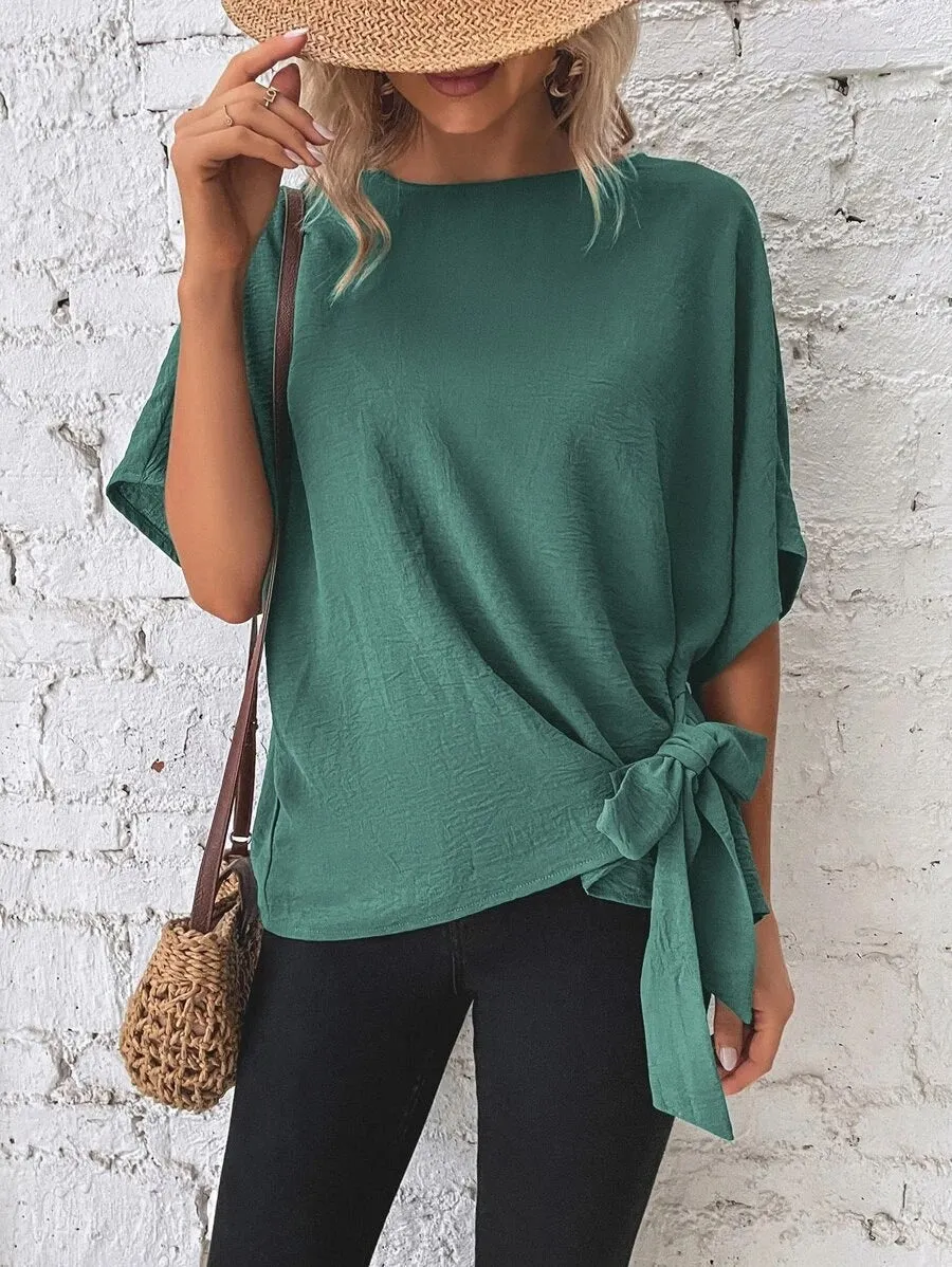 Women's Summer Solid Color Batwing Sleeve Knotted Blouses