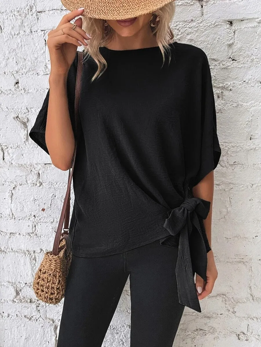 Women's Summer Solid Color Batwing Sleeve Knotted Blouses
