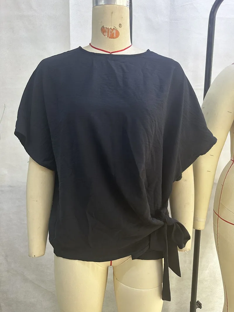 Women's Summer Solid Color Batwing Sleeve Knotted Blouses