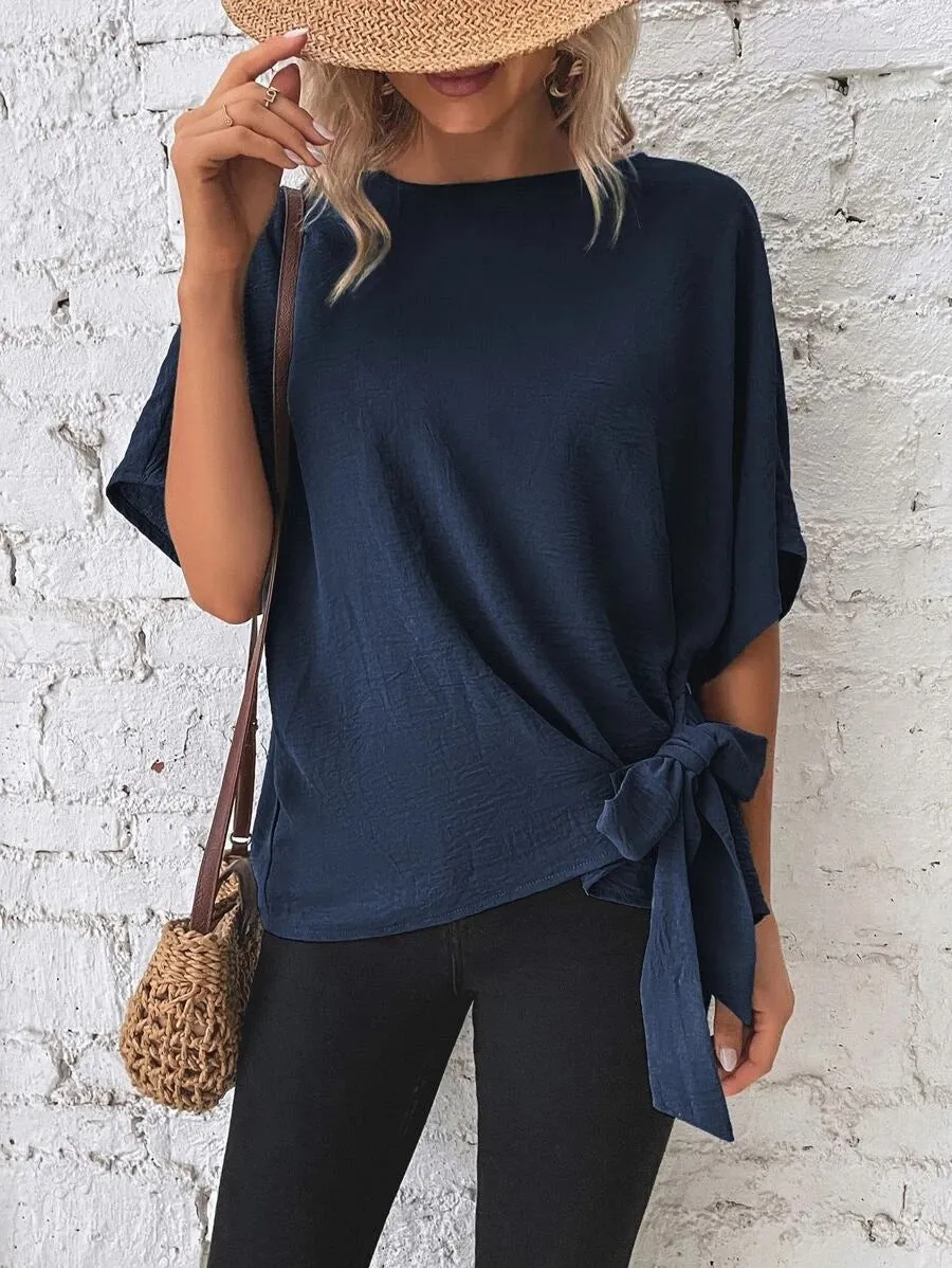 Women's Summer Solid Color Batwing Sleeve Knotted Blouses