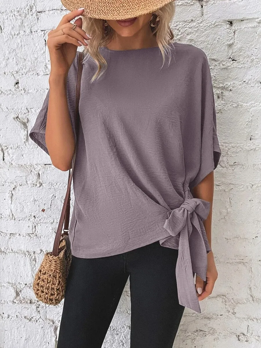 Women's Summer Solid Color Batwing Sleeve Knotted Blouses