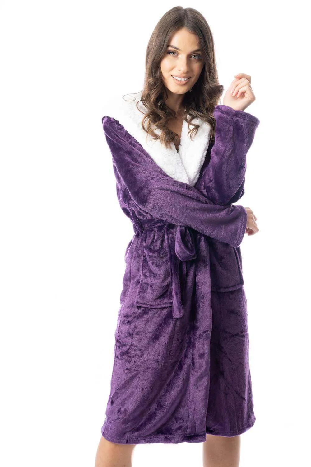 Women's Super Soft Plush Fleece Hooded Bathrobe Fluffy Velvet Loungewear Long Sleeve Cosy Winter Dressing Gown Spa Essential by Daisy Dreamer