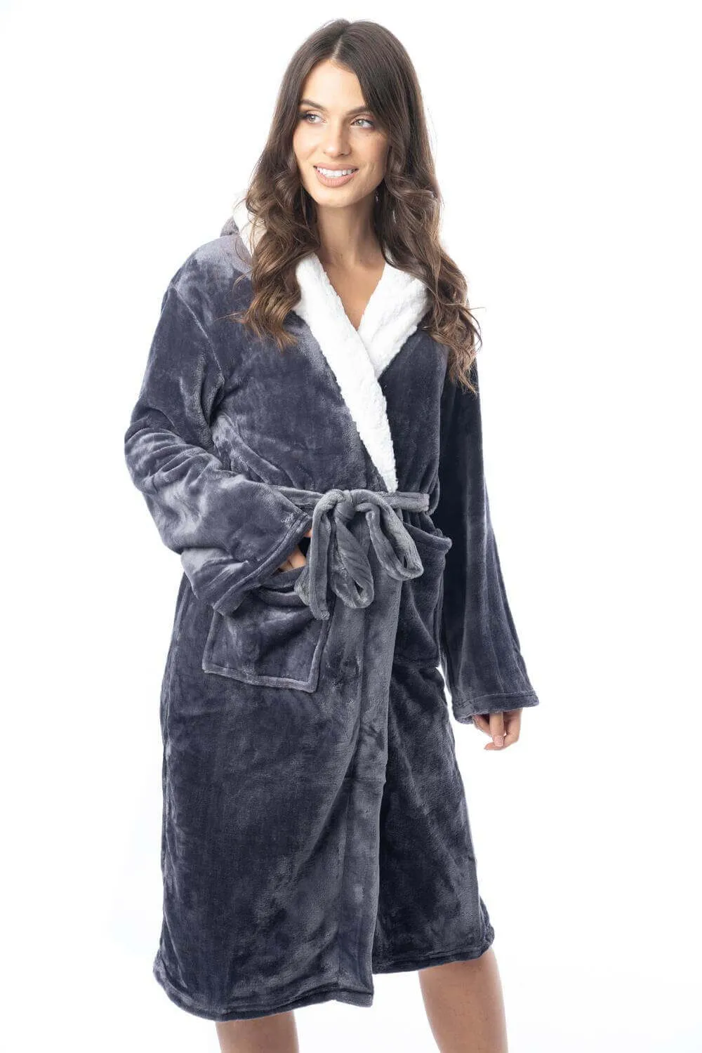 Women's Super Soft Plush Fleece Hooded Bathrobe Fluffy Velvet Loungewear Long Sleeve Cosy Winter Dressing Gown Spa Essential by Daisy Dreamer