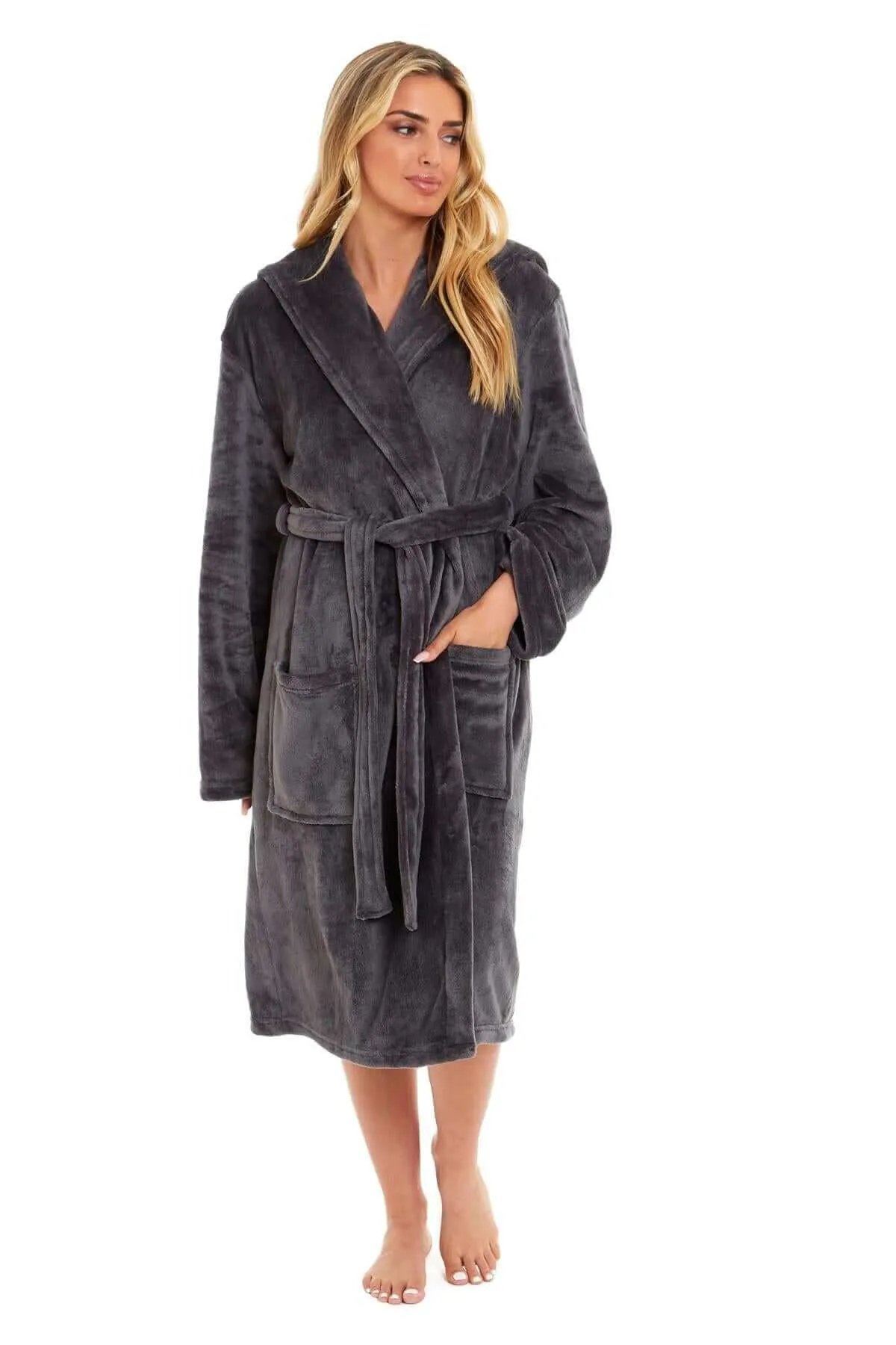 Women's Super Soft Plush Fleece Hooded Bathrobe Fluffy Velvet Loungewear Long Sleeve Cosy Winter Dressing Gown Spa Essential by Daisy Dreamer