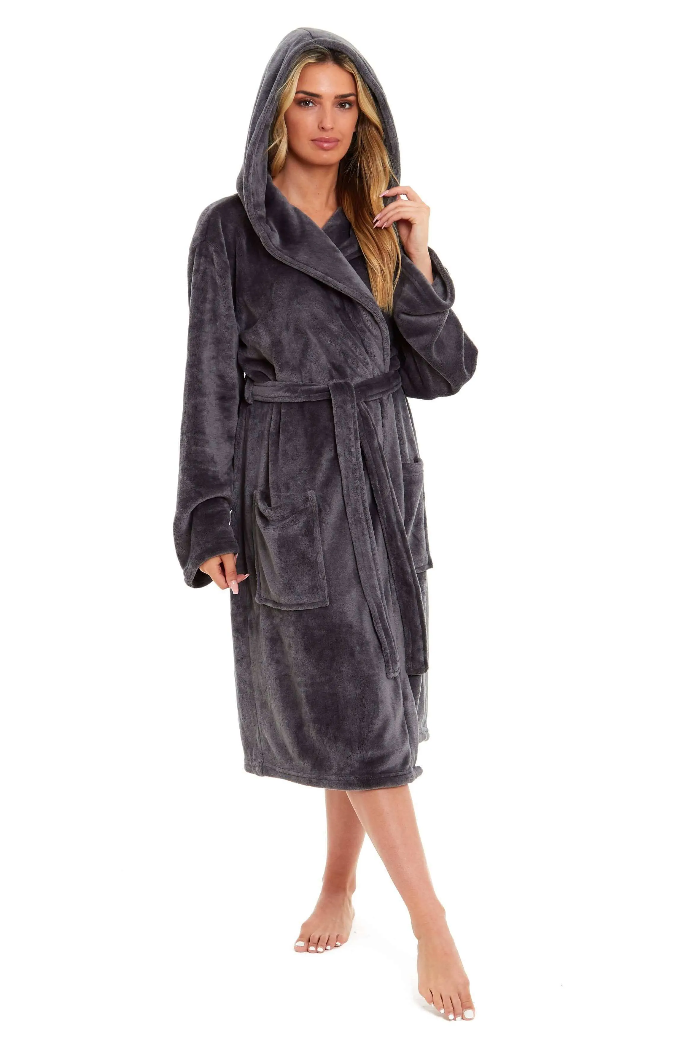 Women's Super Soft Plush Fleece Hooded Bathrobe Fluffy Velvet Loungewear Long Sleeve Cosy Winter Dressing Gown Spa Essential by Daisy Dreamer