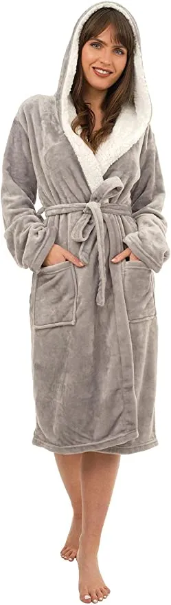 Women's Super Soft Plush Fleece Hooded Bathrobe Fluffy Velvet Loungewear Long Sleeve Cosy Winter Dressing Gown Spa Essential by Daisy Dreamer