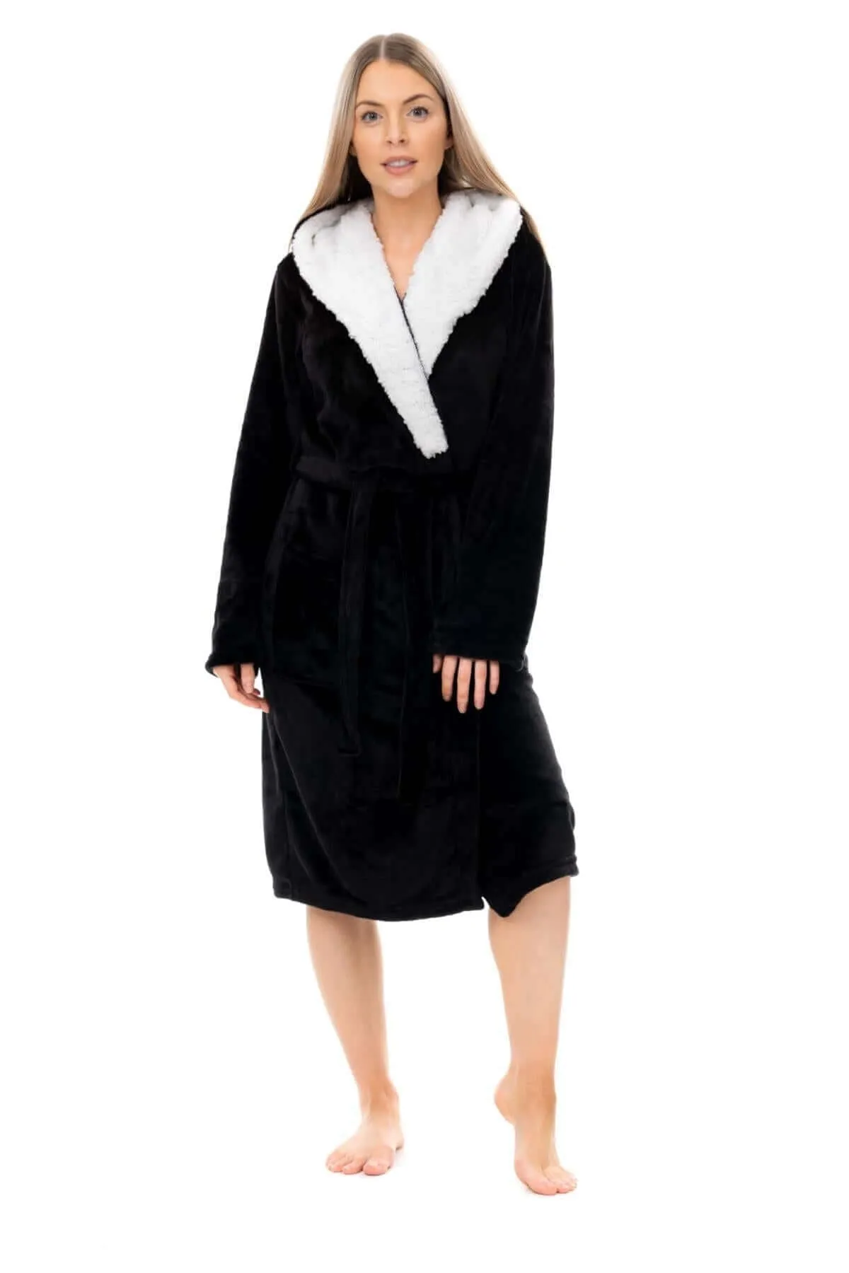 Women's Super Soft Plush Fleece Hooded Bathrobe Fluffy Velvet Loungewear Long Sleeve Cosy Winter Dressing Gown Spa Essential by Daisy Dreamer